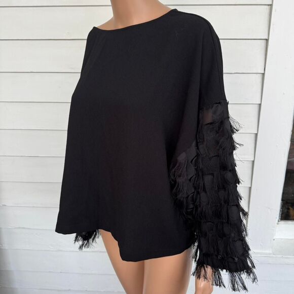 H&M Black Feathered Fringe Sleeve Black Blouse Boxy Top 14 - Picture 1 of 6